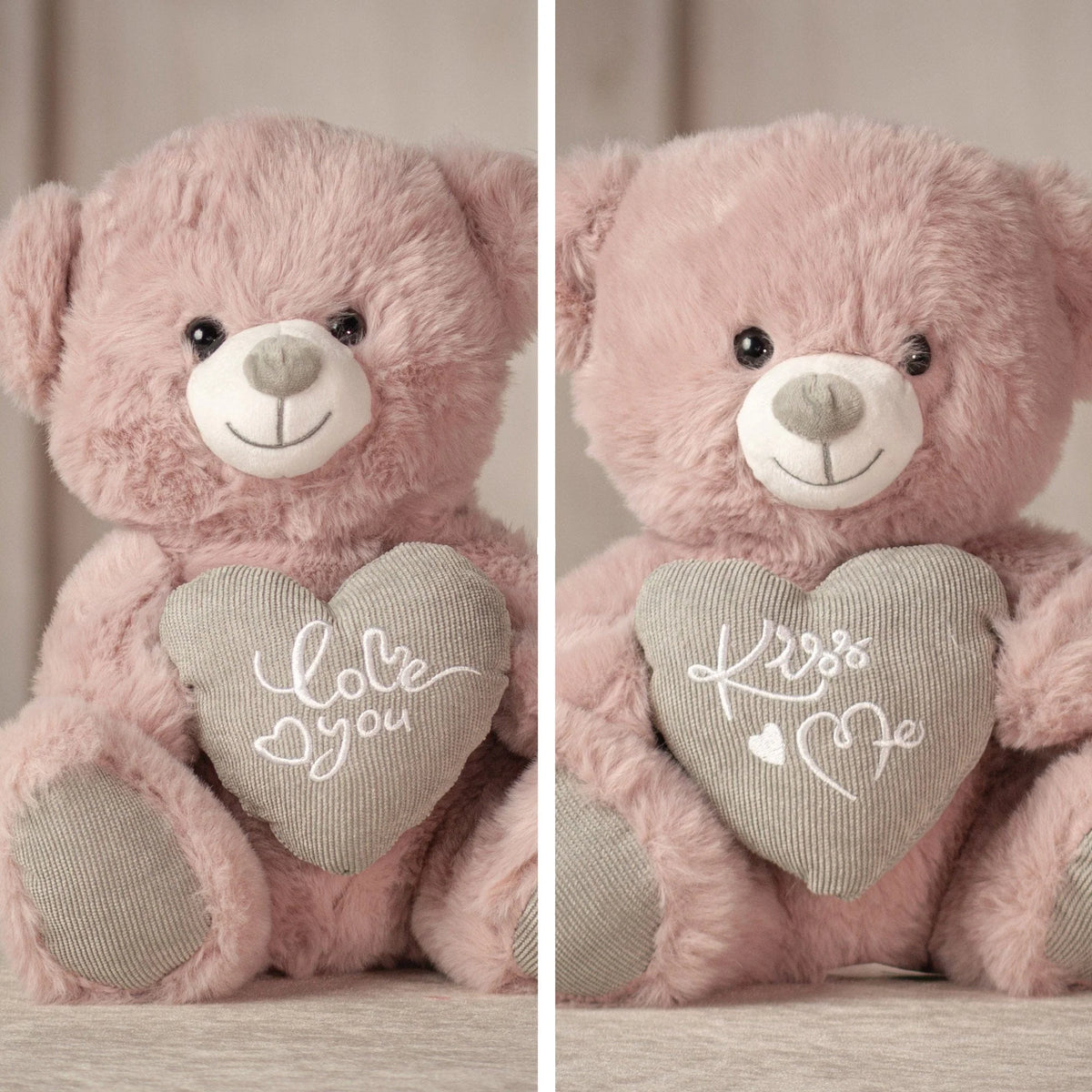 Close-up of blushing pink bear's soft fur and embroidered heart message